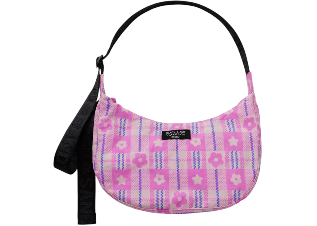 Baggu x Sandy Liang Medium Nylon Crescent Bag Market Plaid Pink -1