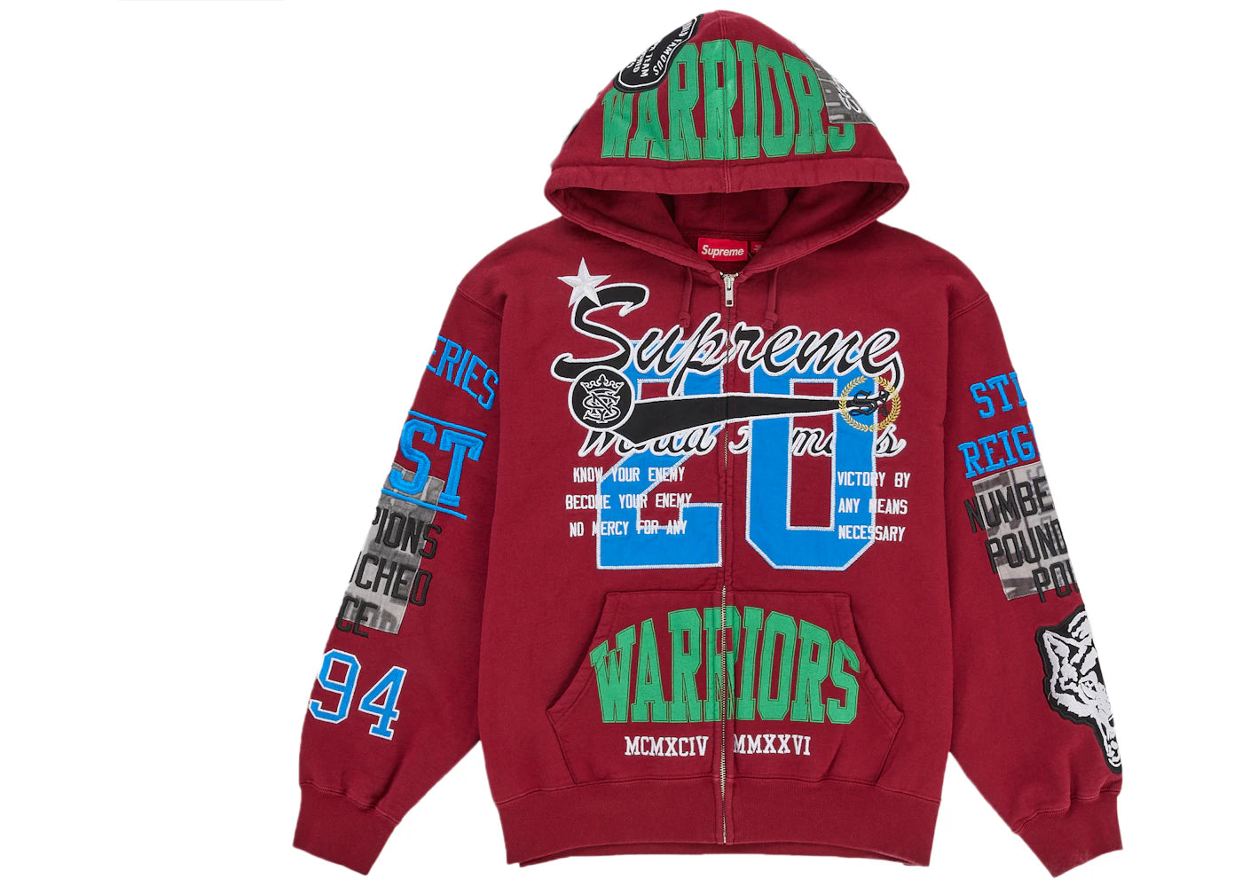 Supreme Warriors Applique Zip Up Hooded Sweatshirt Red -1