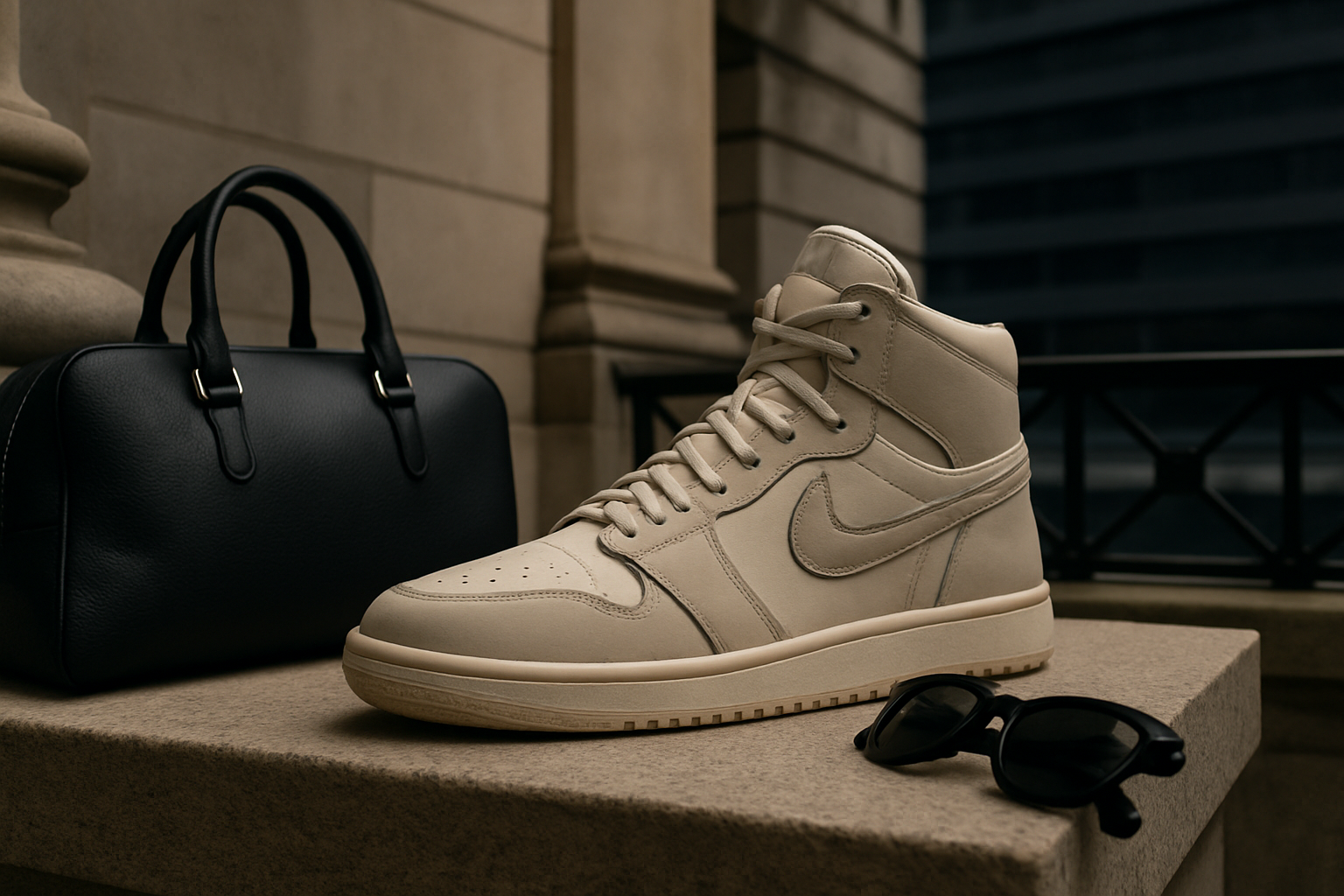 Luxueus en stijlvol hero-afbeelding voor een premium sneakers en streetwear marketplace, met strakke sneakers, trendy accessoires en een verfijnde stedelijke achtergrond, gericht op materiaaliteit en silhouet, landschap oriëntatie.