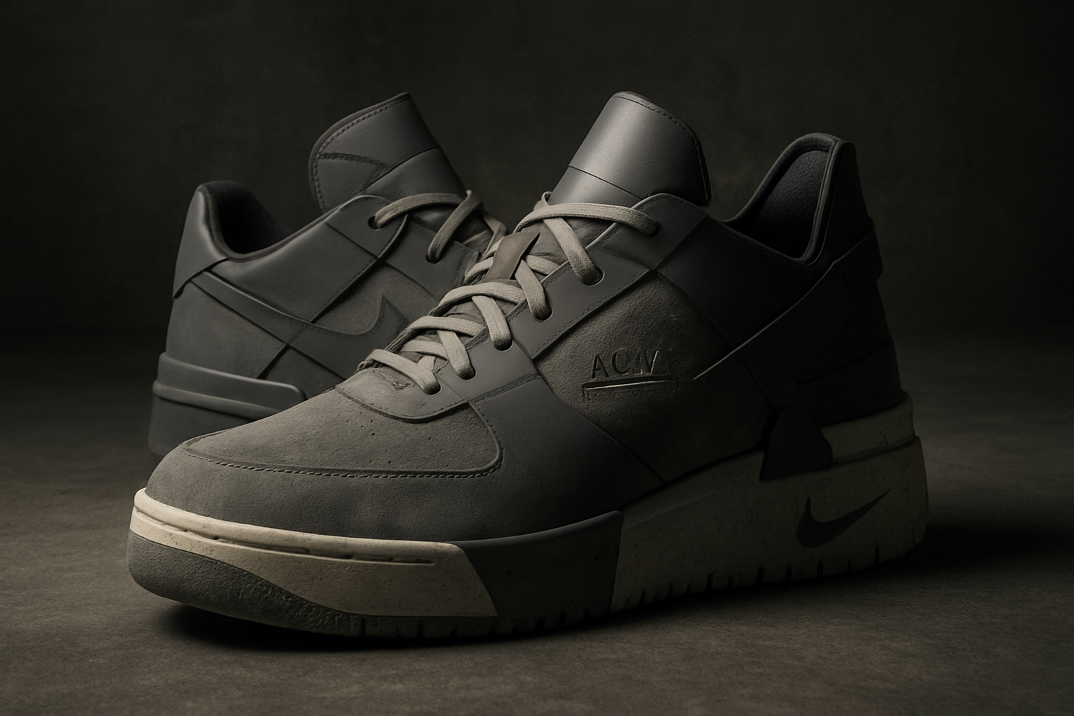 Visuel principal mettant en valeur des sneakers aux lignes industrielles avec détails techniques, dans un décor urbain sophistiqué