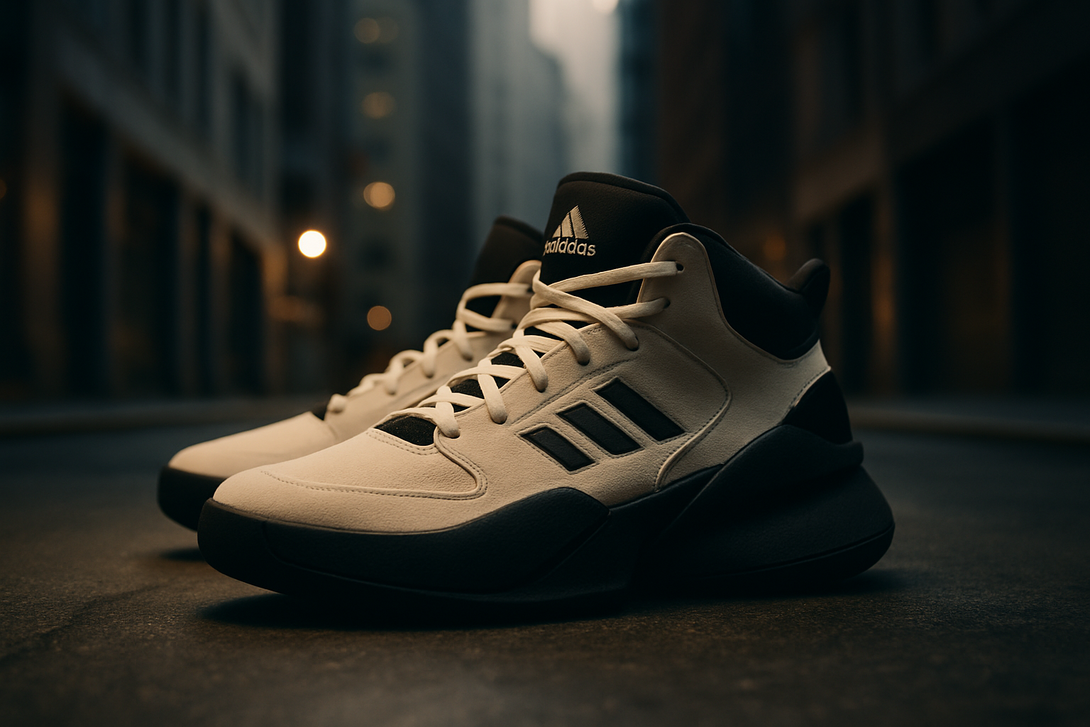 Luksusowe zdjęcie główne, prezentujące sneakers adidas AE 1 w miejskim otoczeniu, podkreślające ich wyrazistą sylwetkę, wysokiej klasy materiały i estetykę streetwear, w stylu kinowym z zrównoważonym oświetleniem.