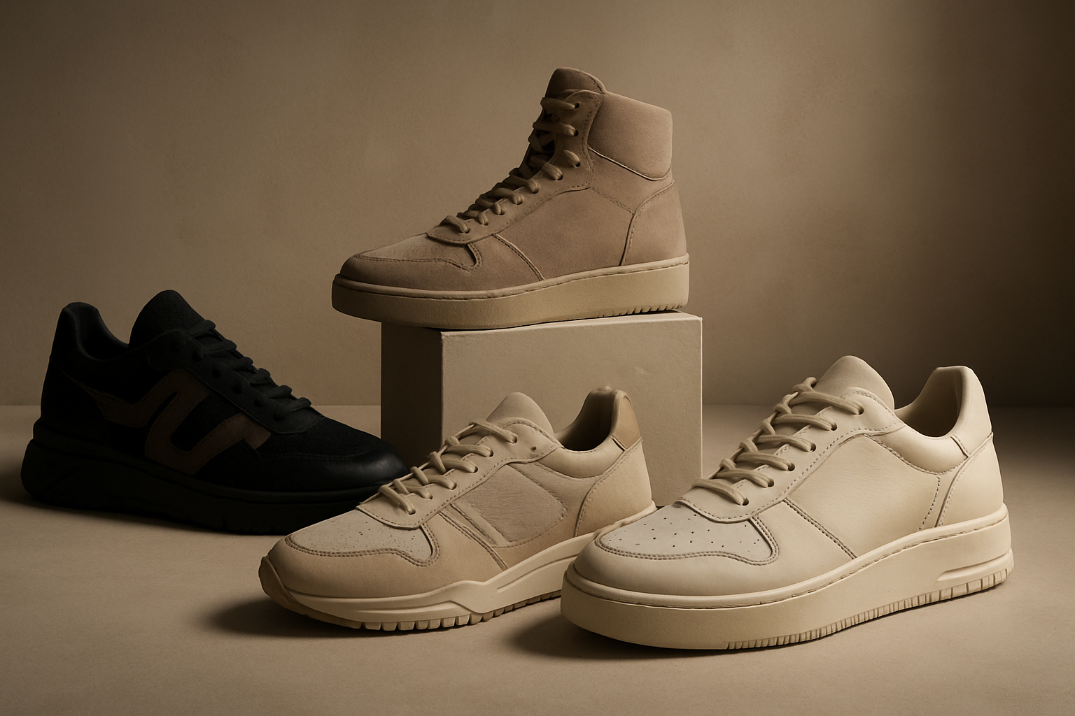 Luxury streetwear sneaker collection hero image, showcasing atmosphere, materiality, silhouette cues, styling references, color palette from the collection universe, landscape composition, suitable for a collection page hero banner, avoiding text…