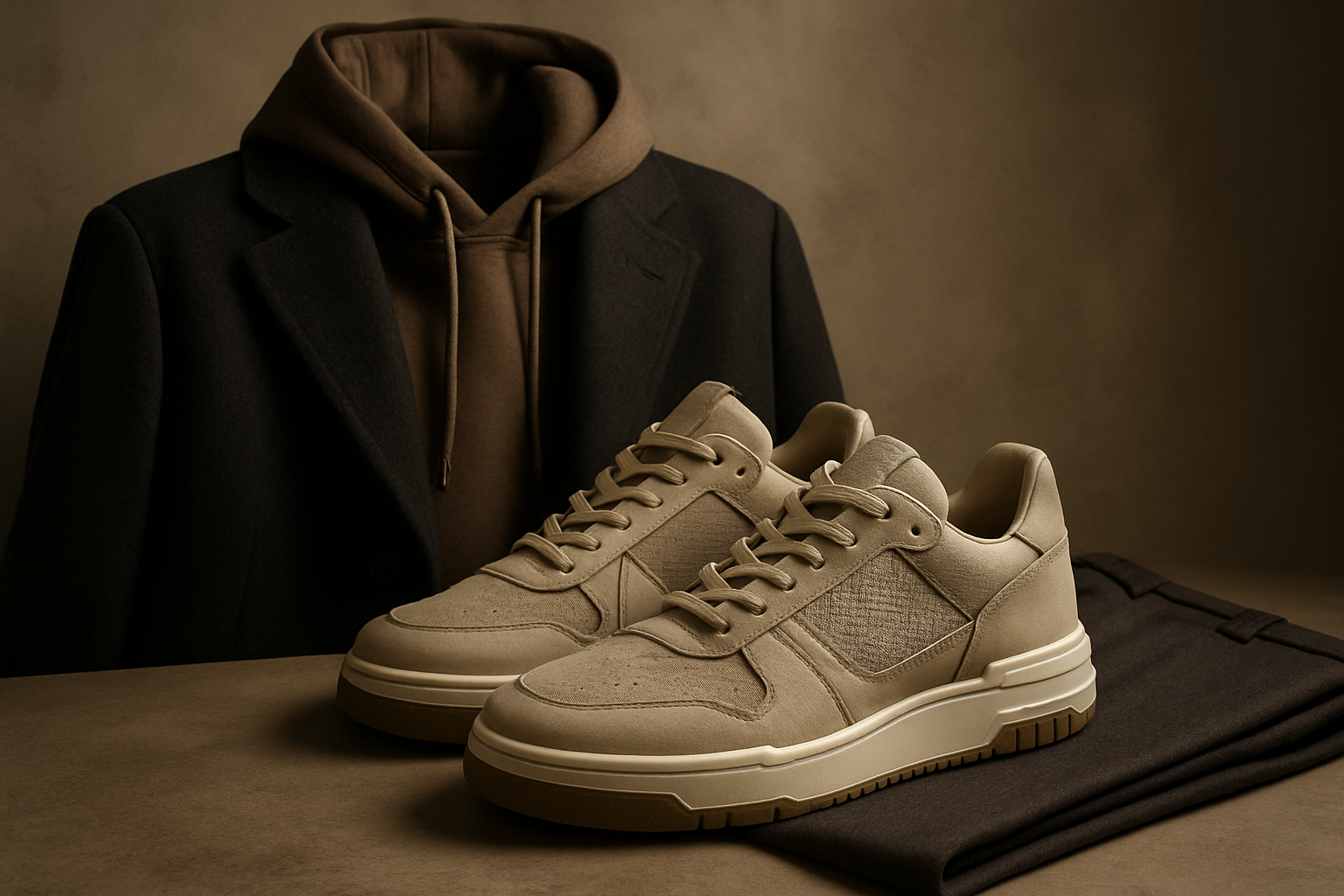 Une vue d'ensemble d'une collection exclusive de sneakers, mettant en avant la qualité des matériaux et le design élégant dans un contexte urbain sophistiqué.