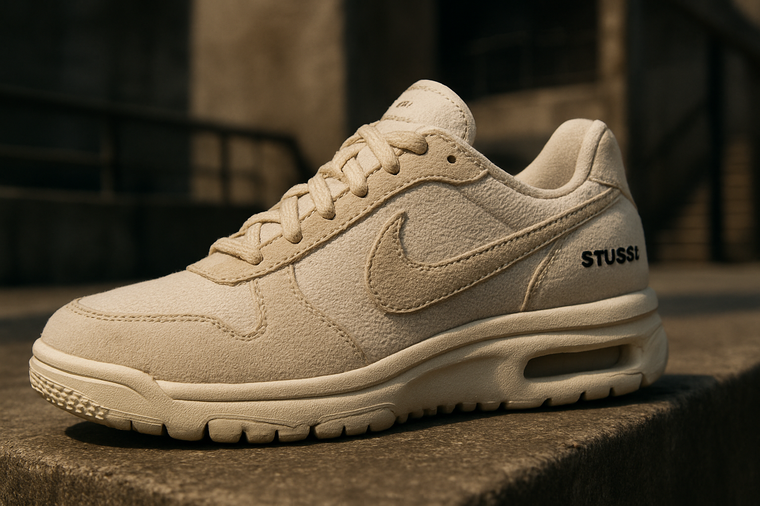Una toma hero de lujo de las zapatillas Nike x Stussy, fondo urbano, resaltando textura, silueta y materiales premium, con iluminación natural, ambiente streetwear.