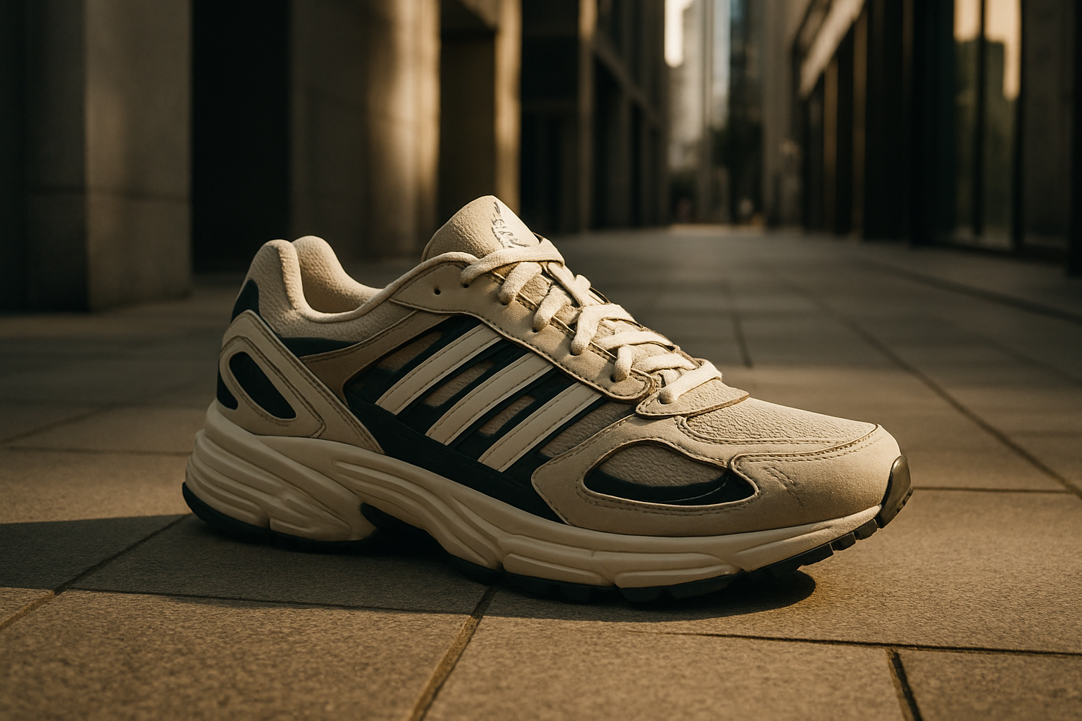 Pár adidas Response CL v čiernej farbe, predstavený v modernom mestskom prostredí, zdôrazňujúci ich masívny dizajn a pohodlie.