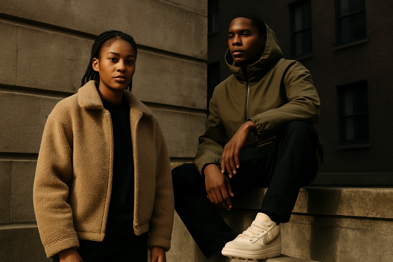 Imagine de copertă editorială de lux pentru o piață premium de sneakers/streetwear, prezentând țesături texturate, siluete moderne și o atmosferă urbană, evitând suprapunerea de text și logo-urile supraexpuse, orientare peisaj.