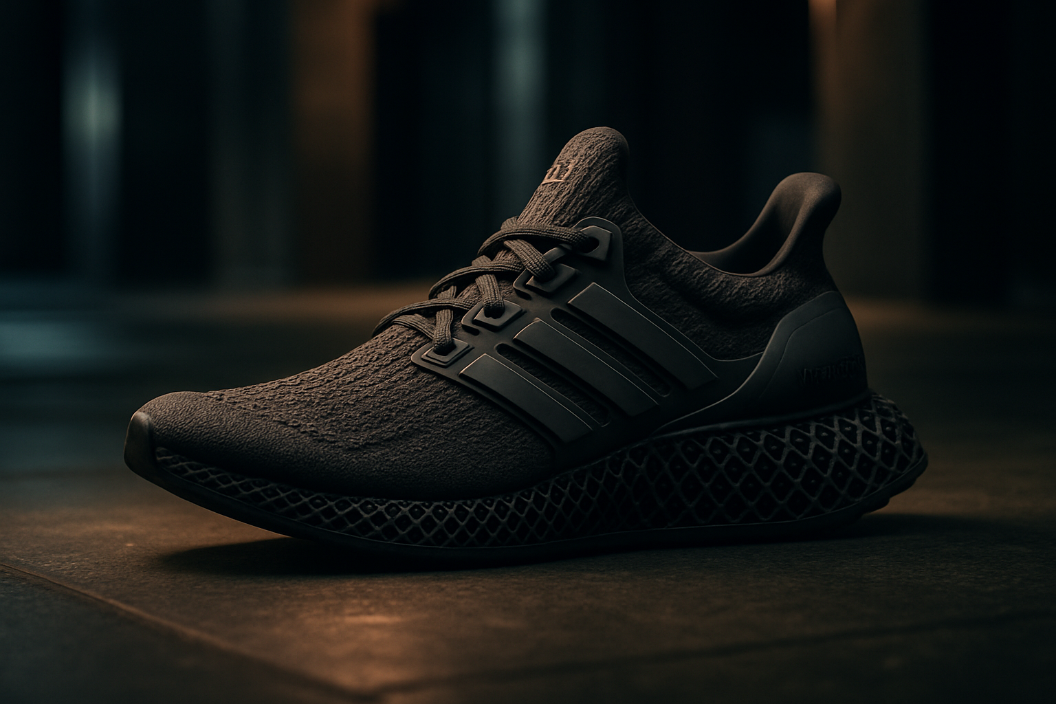 Une paire de sneakers Adidas Ultra 4D dans un décor urbain nocturne, mettant en avant leur silhouette futuriste et leur design innovant.