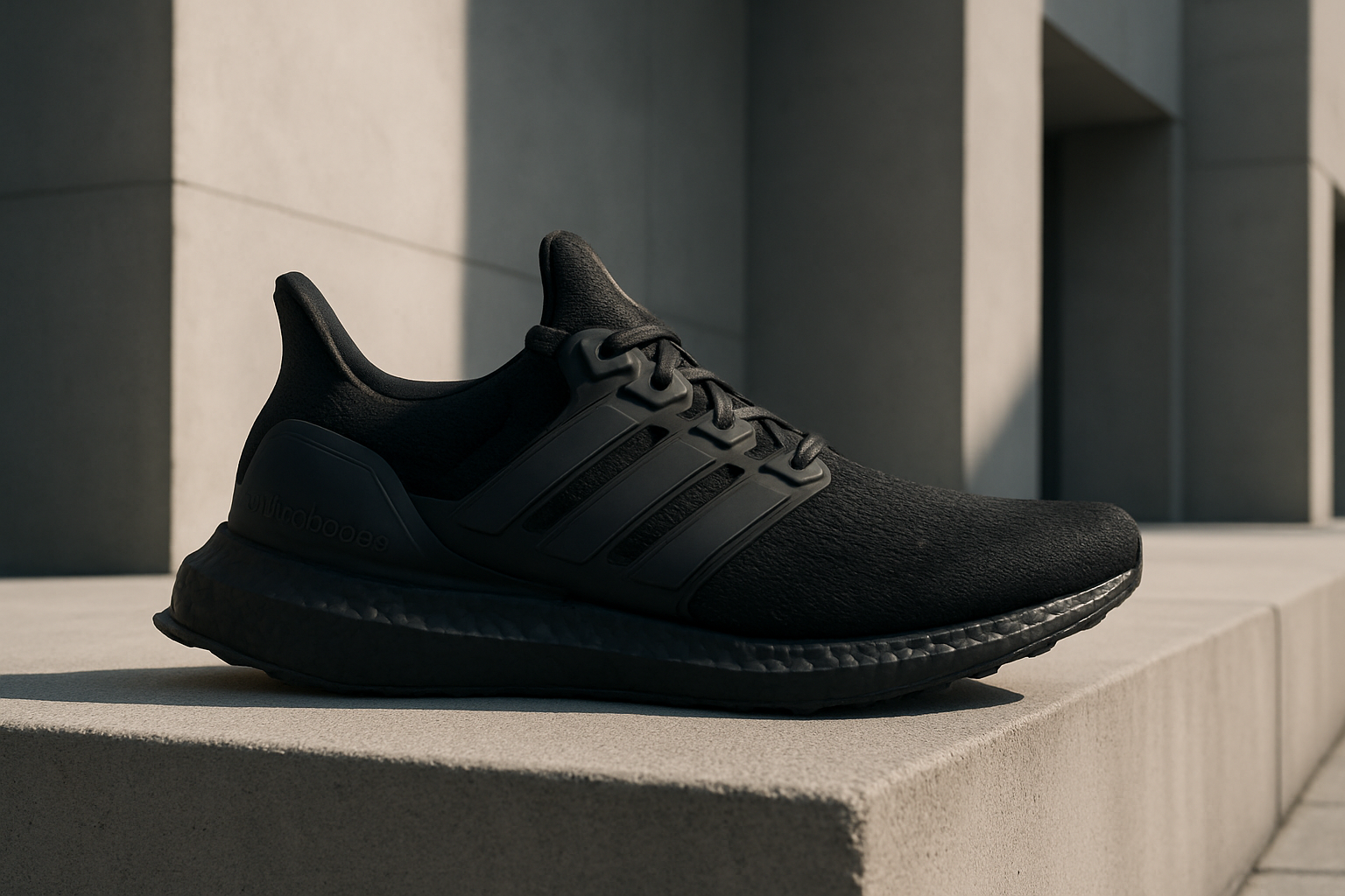 O imagine de impact de pantofi adidas Ultraboost cu un design modern și talpa Boost texturată, plasată într-un peisaj urban minimalist, exprimând lux și stil stradal.