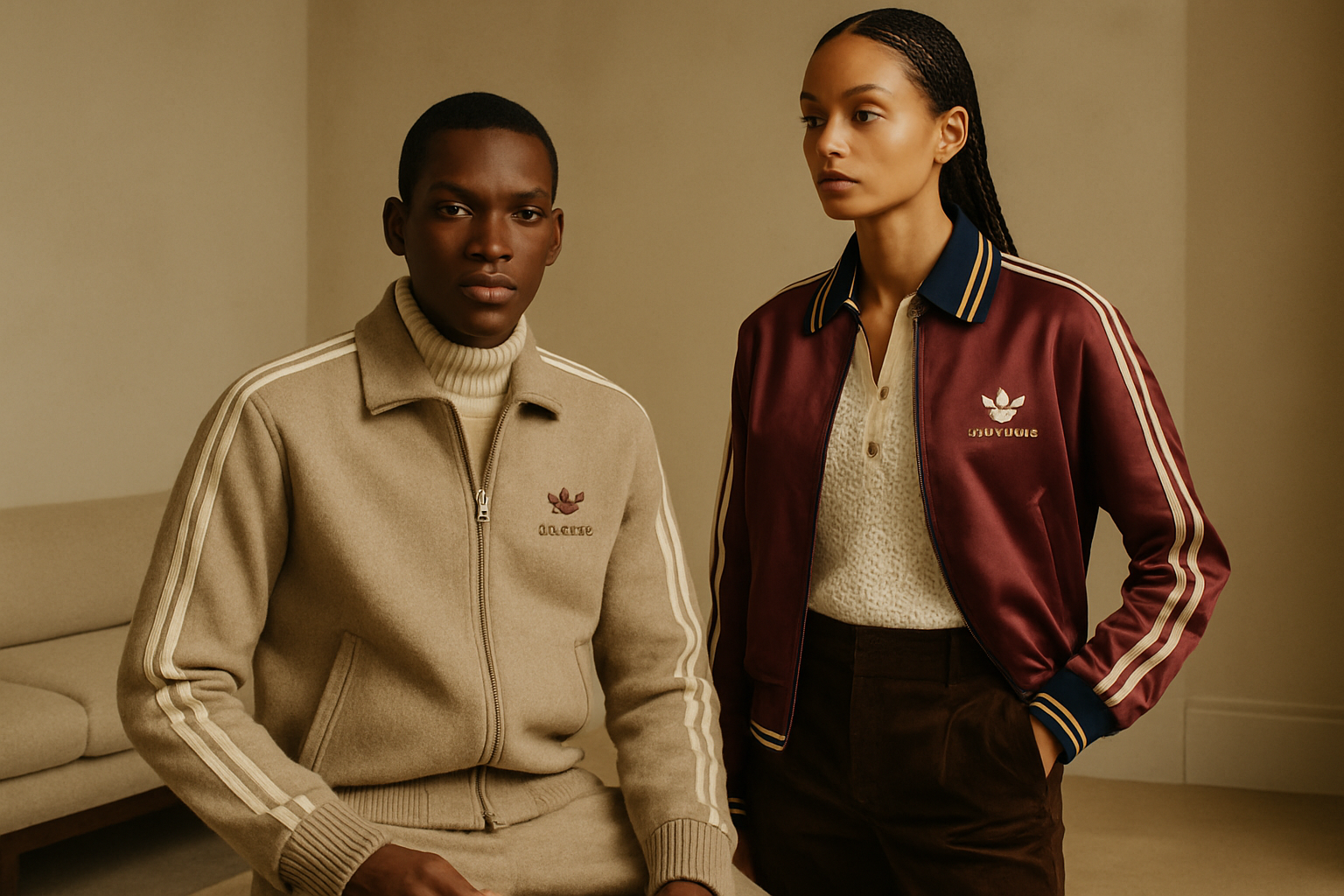 Hrdina kolekce adidas x Wales Bonner, zvýrazňující luxusní materiály a detailní textury.