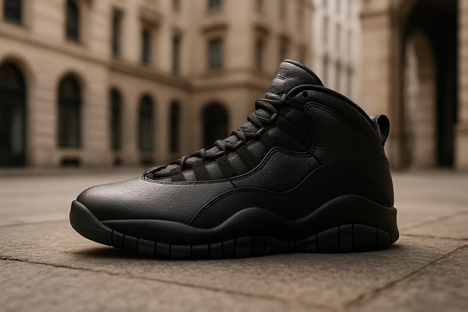 Visuel de la sneaker Air Jordan 10 dans un cadre urbain sophistiqué, mettant en valeur son design sobre mais impactant.
