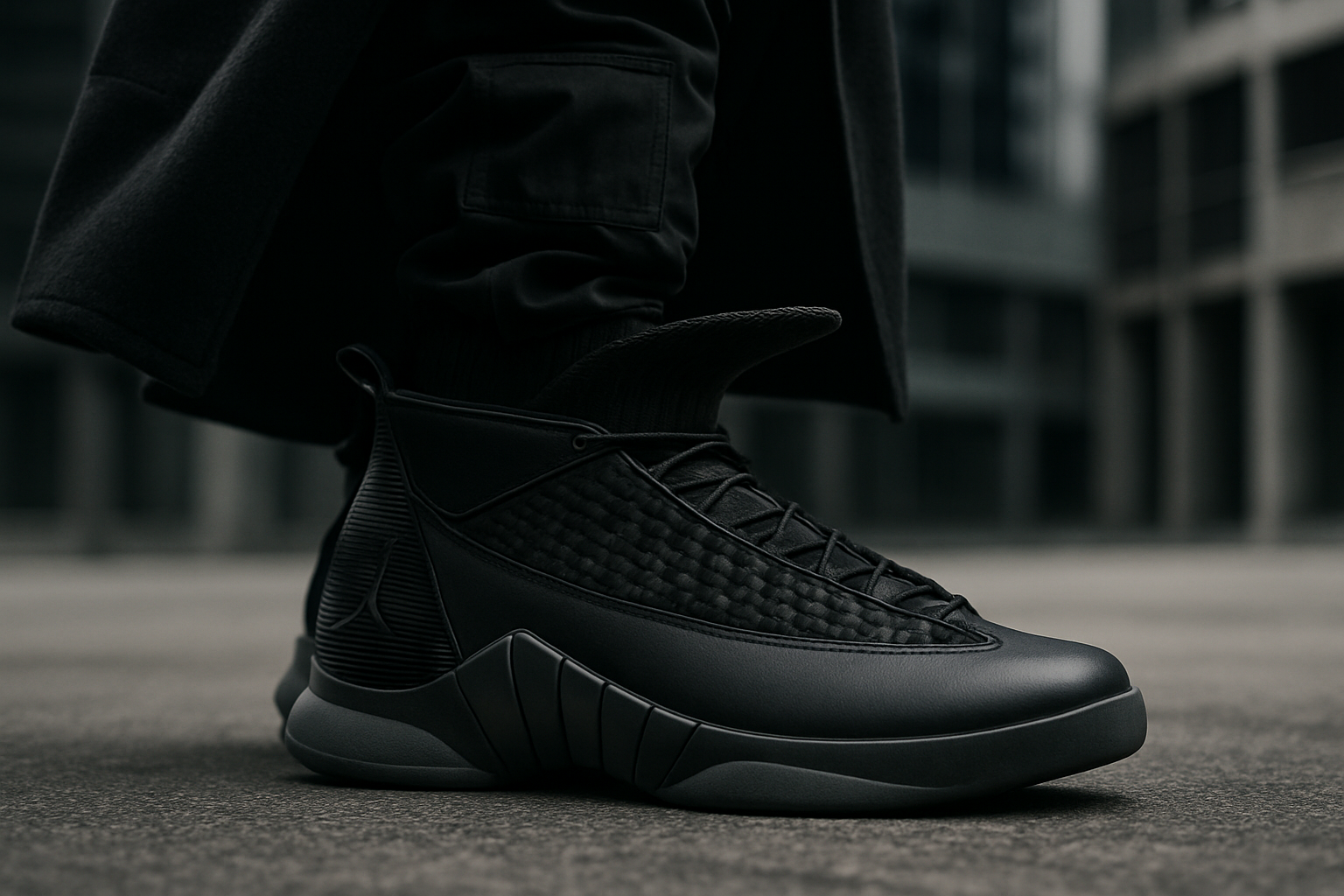 Люксовое героическое изображение Air Jordan 15, подчеркивающее его агрессивные линии и концептуальную эстетику, стилизованное с элементами элитного streetwear, sofisticочное освещение, городской фон, ландшафтная ориентация.