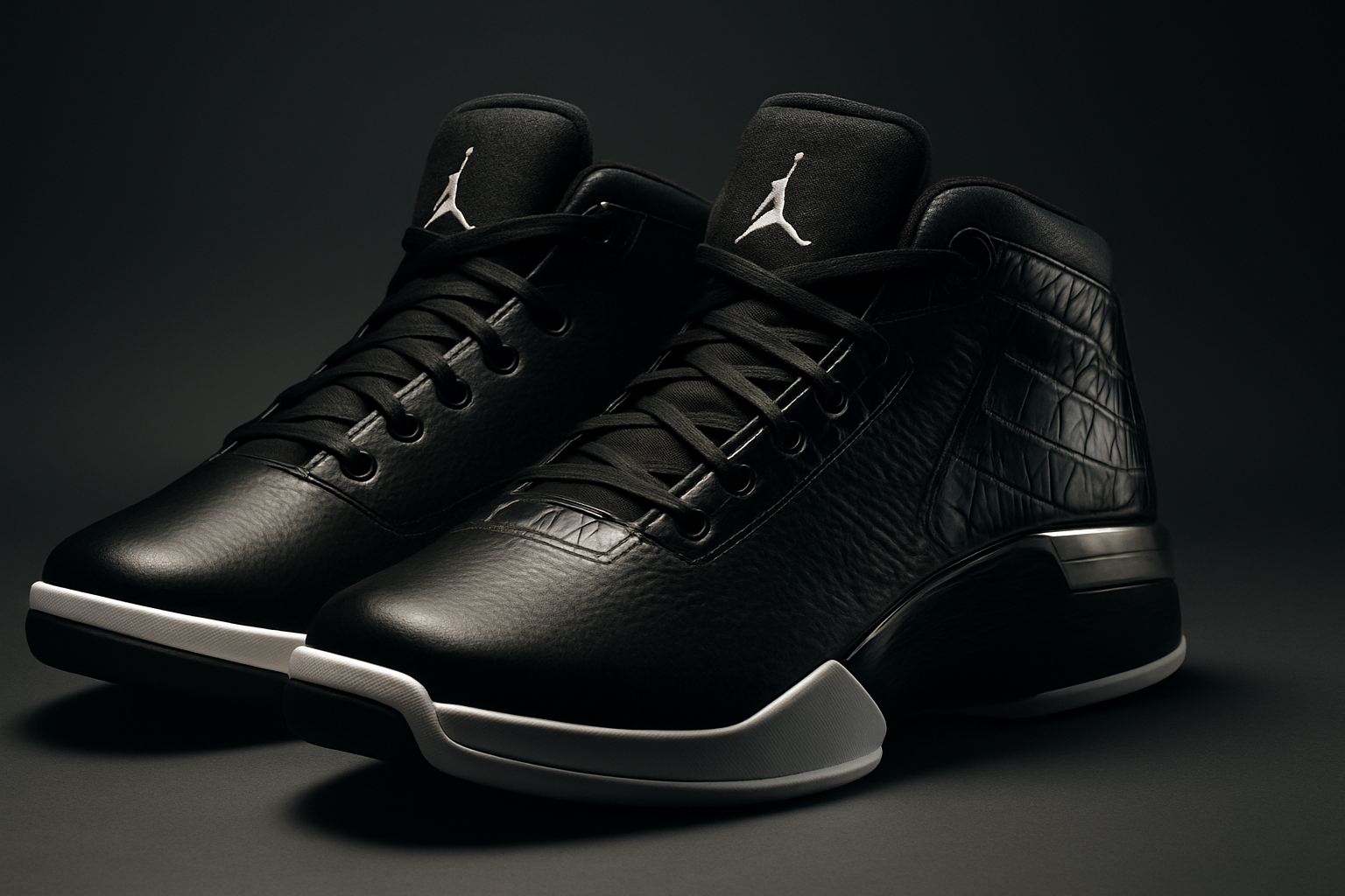 Visuel hero des sneakers Air Jordan 17 dans une ambiance élégante, mettant en avant la texture luxe, avec un éclairage subtil sur un fond neutre sophistiqué.