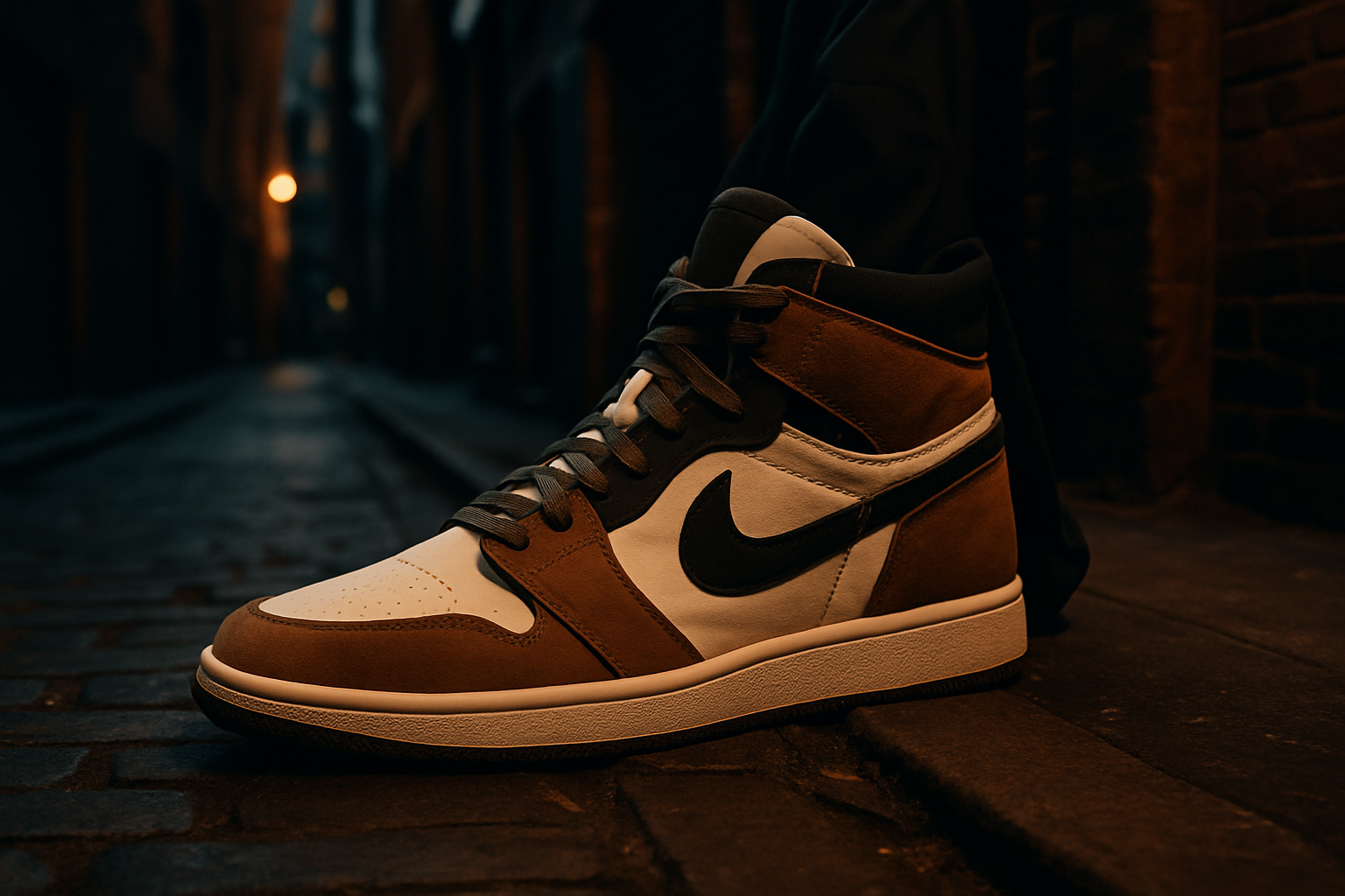 Vue d'ensemble d’une paire de sneakers Jordan AJ9 posée sur une surface en marbre, avec un fond épuré et sophistiqué.