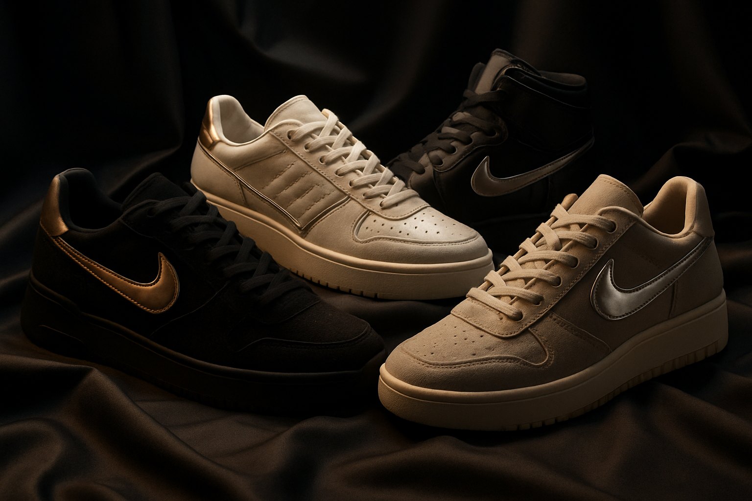 Vue d'ensemble élégante d'une collection exclusive de sneakers, mettant en valeur des détails métalliques, des matériaux haut de gamme, et une silhouette unique, dans une ambiance sophistiquée.