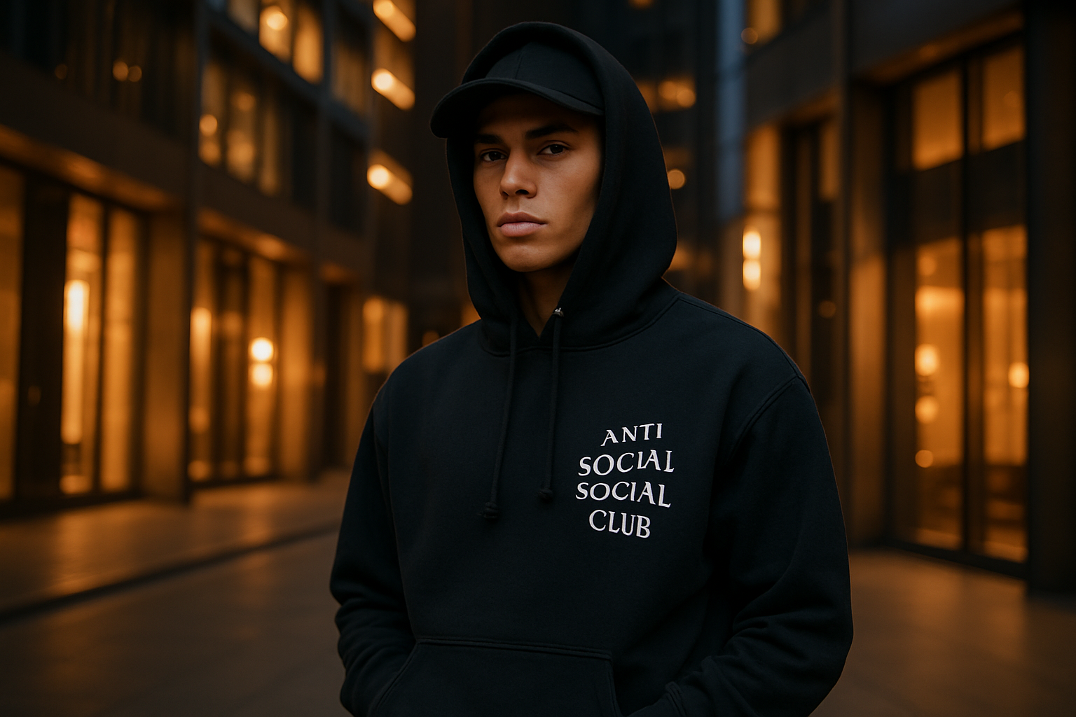 En model bærer en ASSC hoodie i en stilfuld bymiljø, fremhævende urban streetwear.