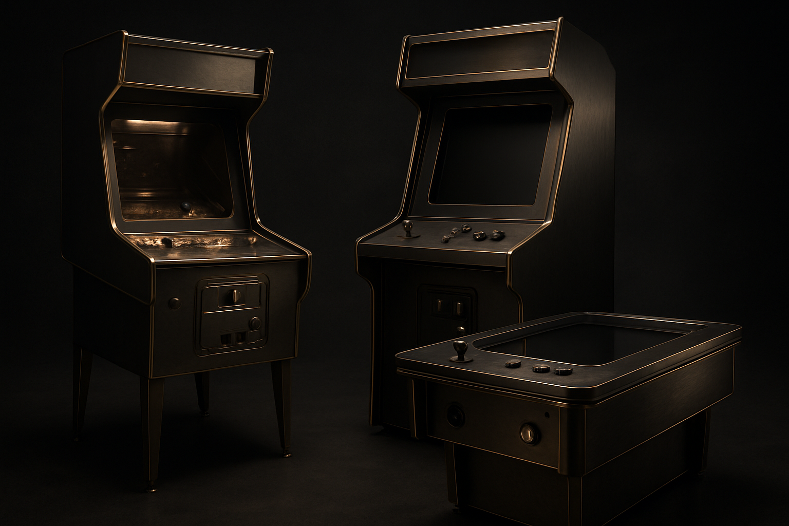 Une image héroïque représentant une collection sophistiquée de bornes d'arcade rétro, avec un éclairage sombre mettant en valeur la texture du métal brossé et un style élégant reflétant une atmosphère haut de gamme.