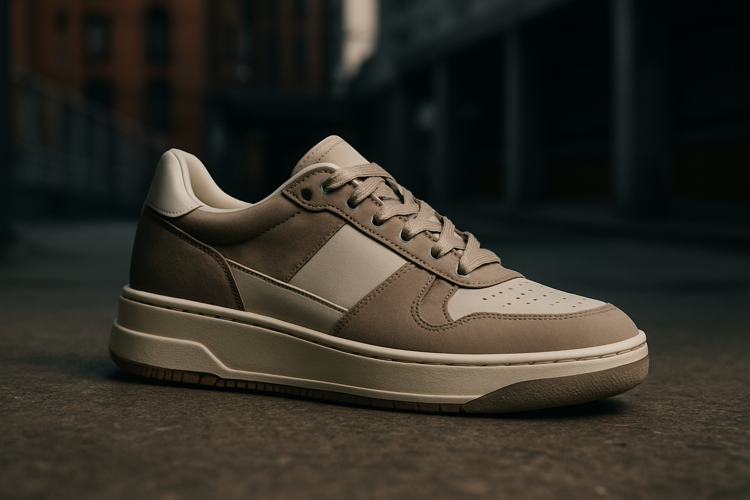 Une campagne de sneakers haut de gamme mettant en avant un look streetwear dans un environnement urbain sophistiqué.