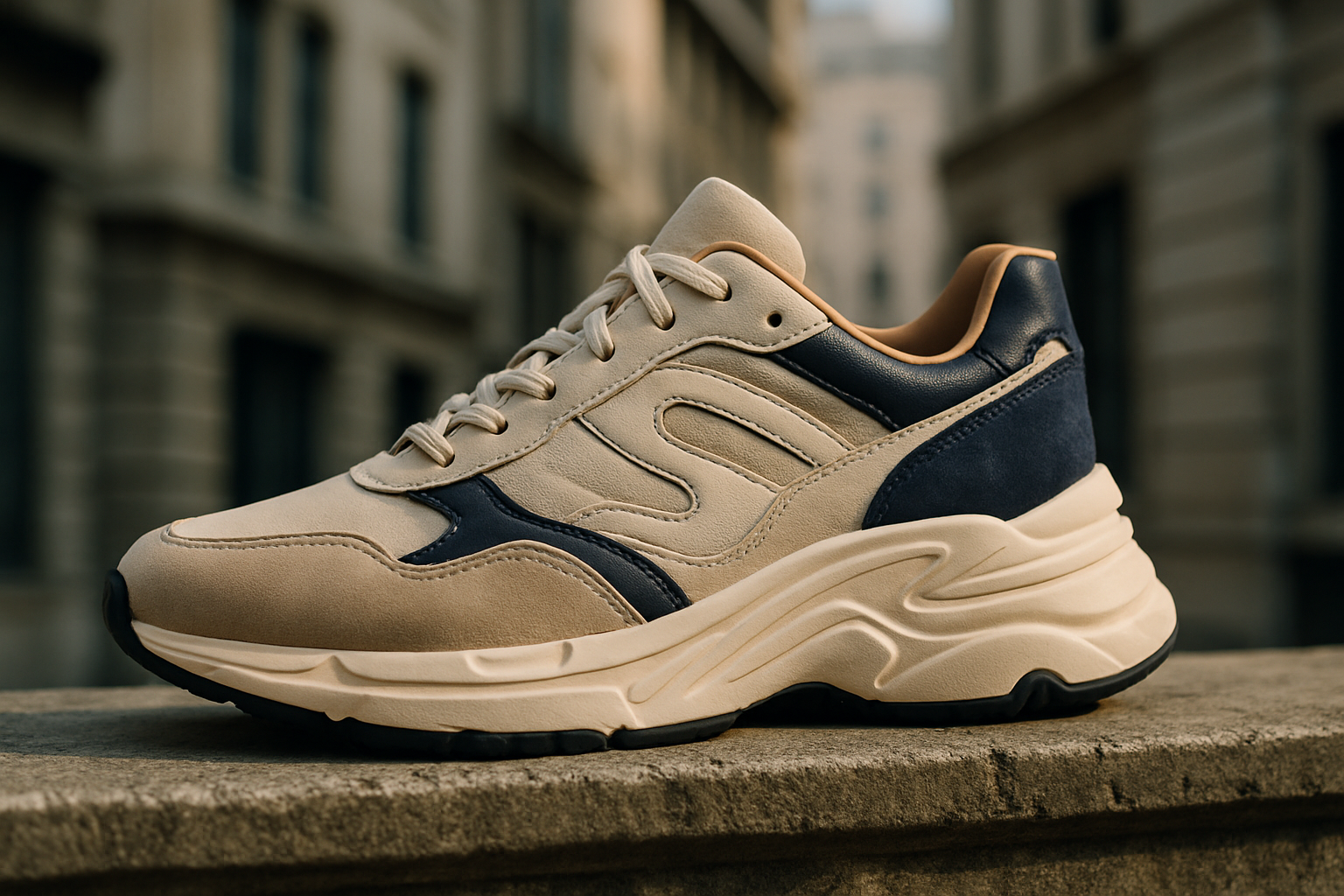 Nærbillede af luksussneakers med højkvalitetsmaterialer, dynamisk silhuet og moderne streetwear-stil.