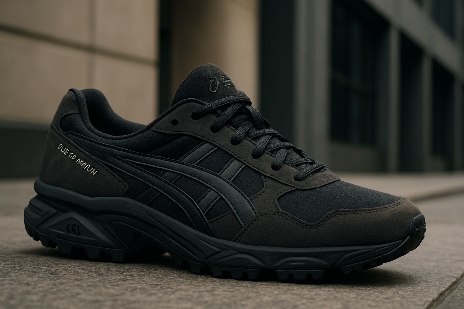 Κοντινό πλάνο του sneaker ASICS Gel-Terrain σε αστικό περιβάλλον, τονίζοντας το κομψό σχήμα και τα premium υλικά, σε μια sophistική ατμόσφαιρα streetwear.