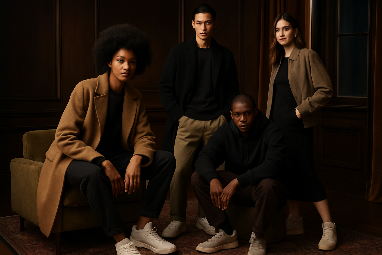 Μια κομψή φωτογράφιση για μια premium συλλογή sneakers και streetwear με ποικιλία μοντέλων Nike, σε μια αστική και στιλάτη ατμόσφαιρα με πλούσια υλικά και δυναμικές σιλουέτες, χωρίς λογότυπα ή υδατογράφημα.