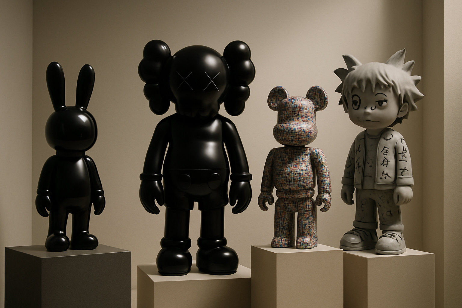 Lyxig huvudbild för redaktionell presentation med samling av Bearbrick-figurer i en elegant och modern miljö, med exklusiva material, mjuk belysning och fokus på variation och samarbeten.