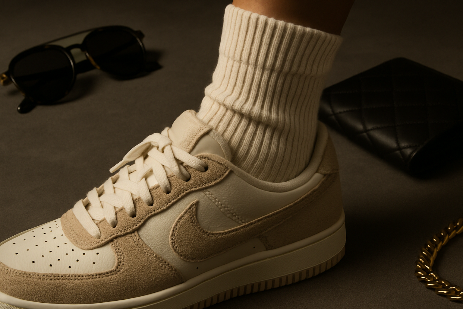 Primer plano de calcetines de lujo con detalles elaborados, combinados con zapatillas y accesorios en un entorno urbano de alta gama.