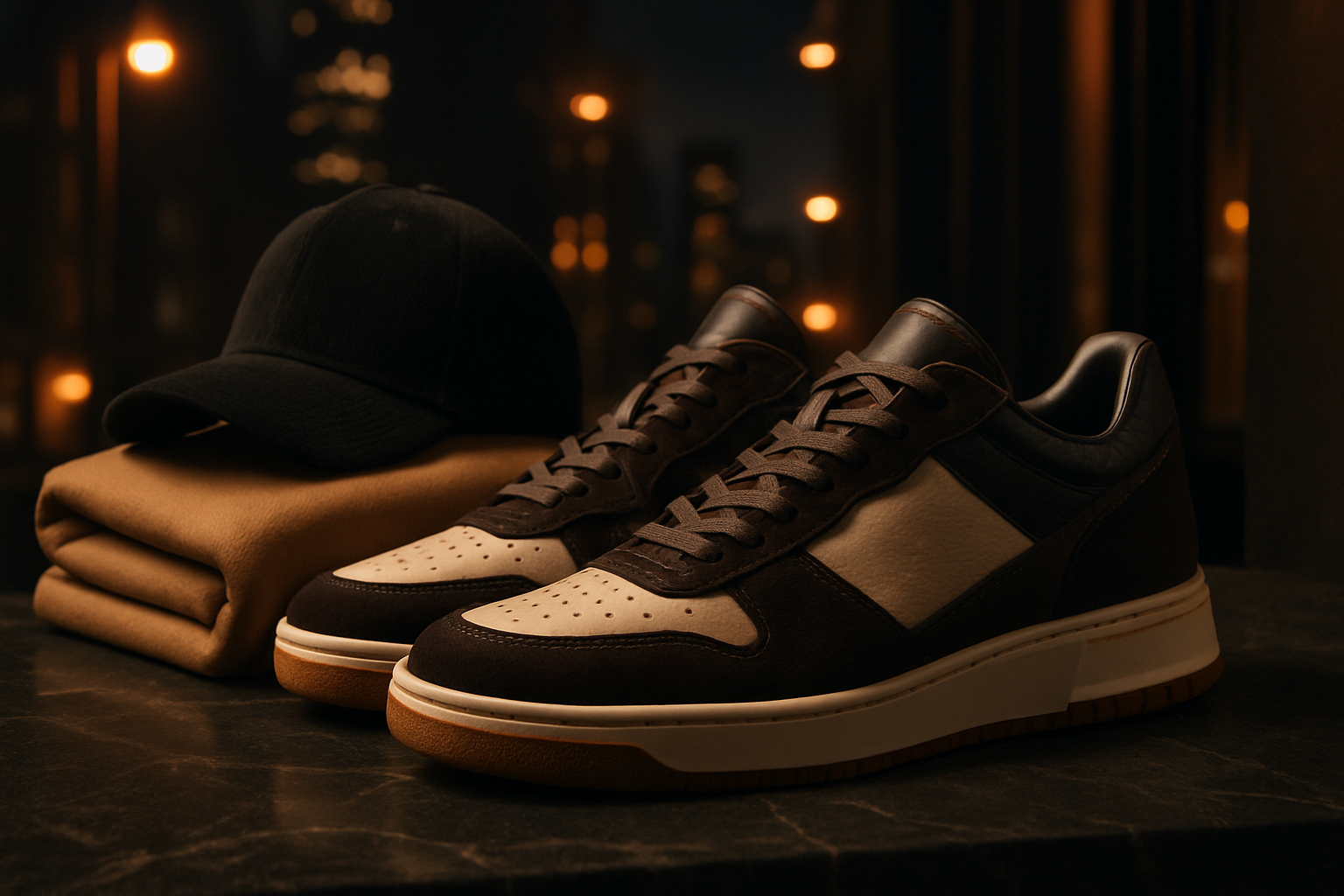 Visuel héroïque d'une collection exceptionnelle de sneakers streetwear, avec des matériaux riches et des détails sophistiqués, dans un environnement urbain lumineux.