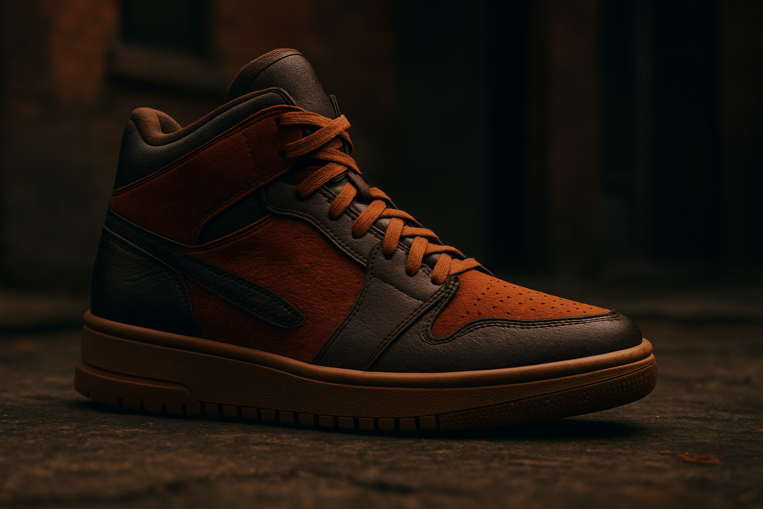 Visualisation d'une collection de sneakers de luxe incarnant l'atmosphère automnale avec des détails sophistiqués et des couleurs chaudes dans un décor urbain élégant.