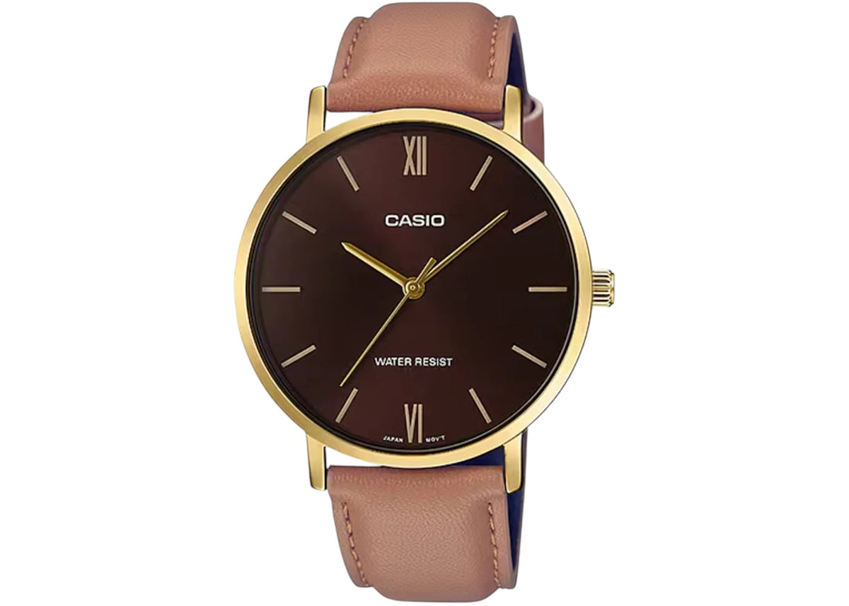 Casio Men’s Brown Leather Watch with Brown Dial MTP-VT01GL-5BUDF -1