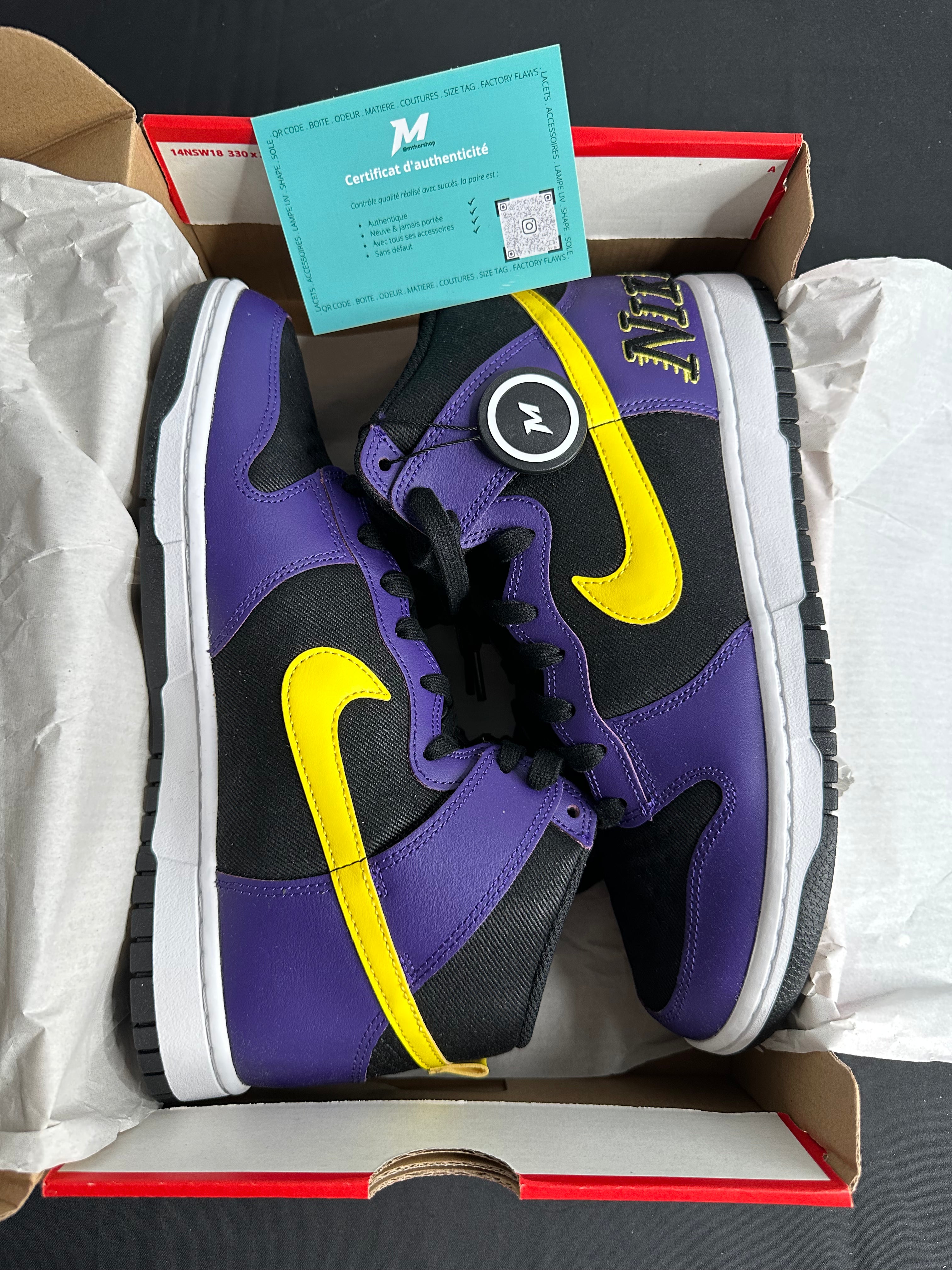 Nike Dunk High EMB Lakers look