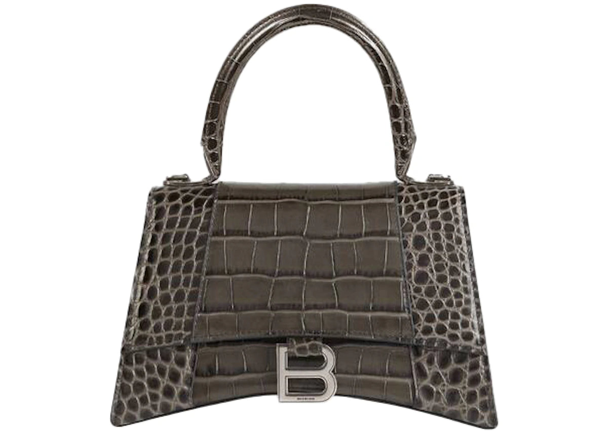 Balenciaga Hourglass Top Handle Bag Small Crocodile Embossed Dark Grey -1