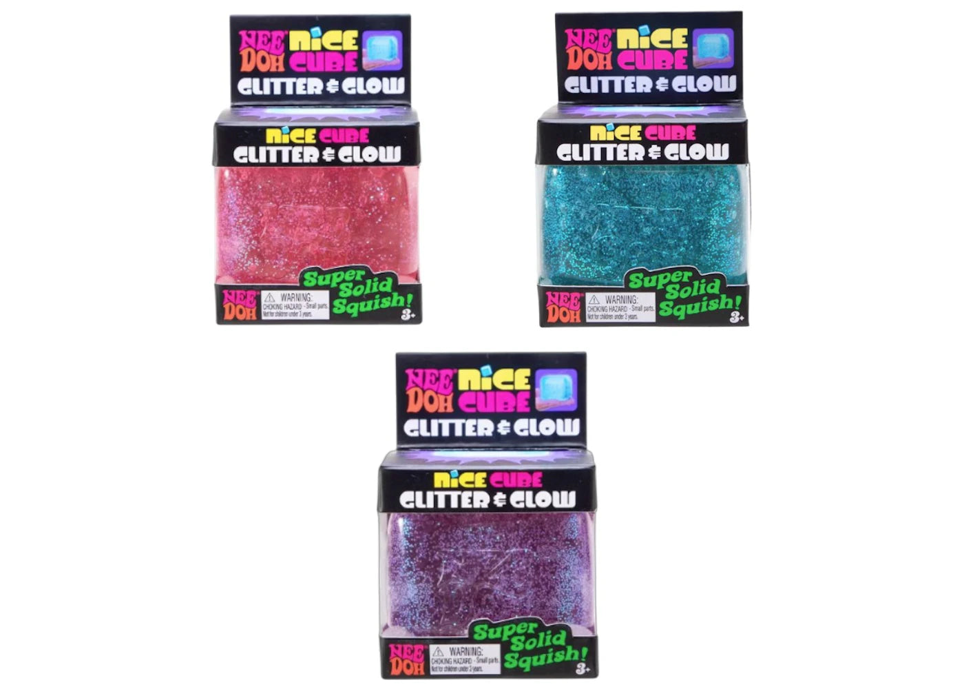 NeeDoh Nice Cube Glitter and Glow Squishy Fidget Toy Set of 3 Pink/ Purple/ Blue -1