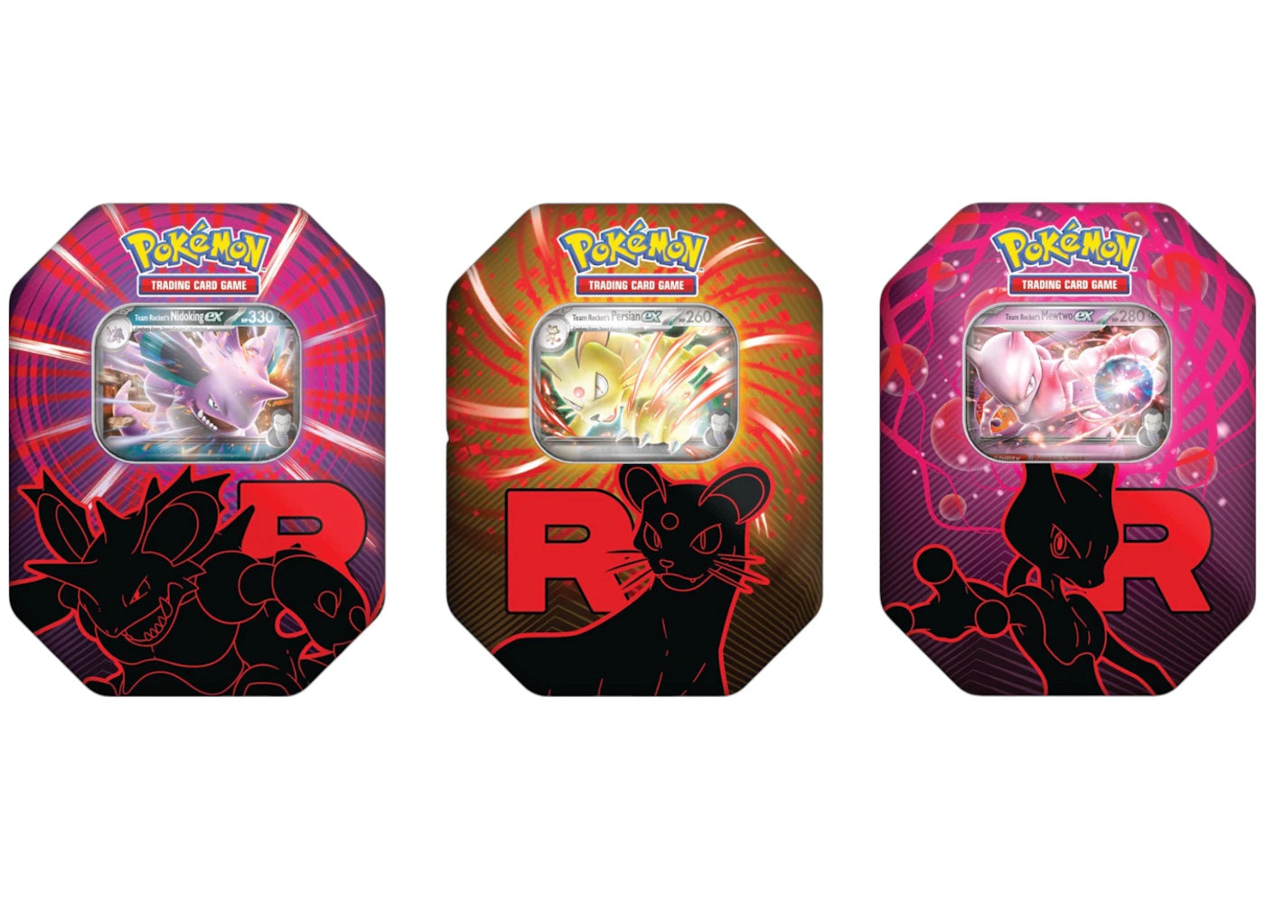 2025 Pokémon Team Rocket Mewtwo Ex/Persian Ex/Nidoking Ex Tin Case Set (EU) -1