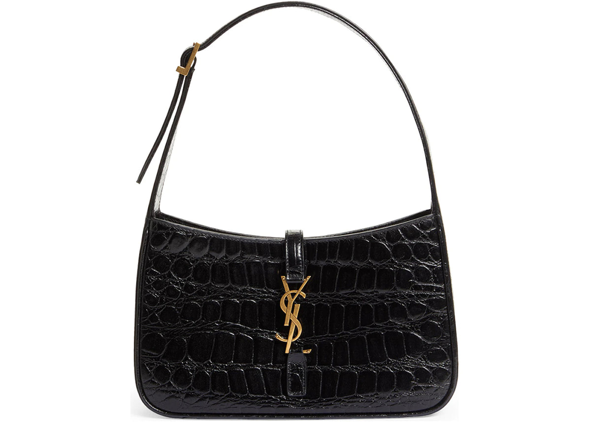 Saint Laurent Le 5 A 7 Croc Embossed Leather Hobo Black -1