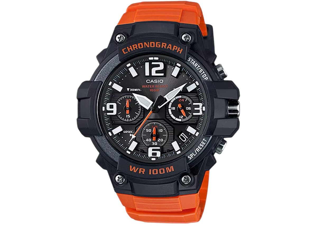 Casio Men’s Black Dial Chronograph Watch with Orange Resin Strap MCW-100H-4AV -1