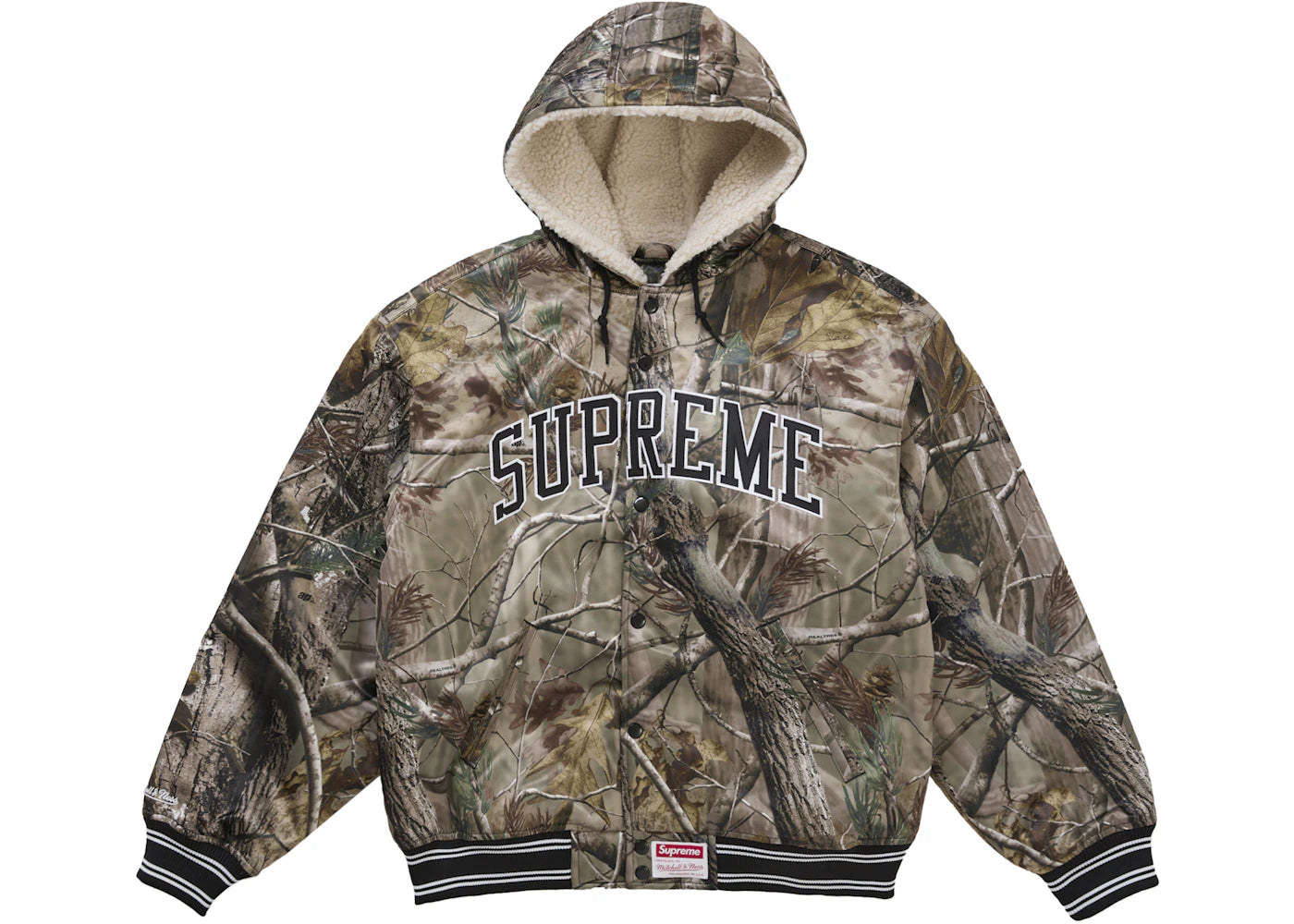 Supreme Mitchell & Ness Lined Hooded Satin Varsity Jacket Realtree AP Camo -1