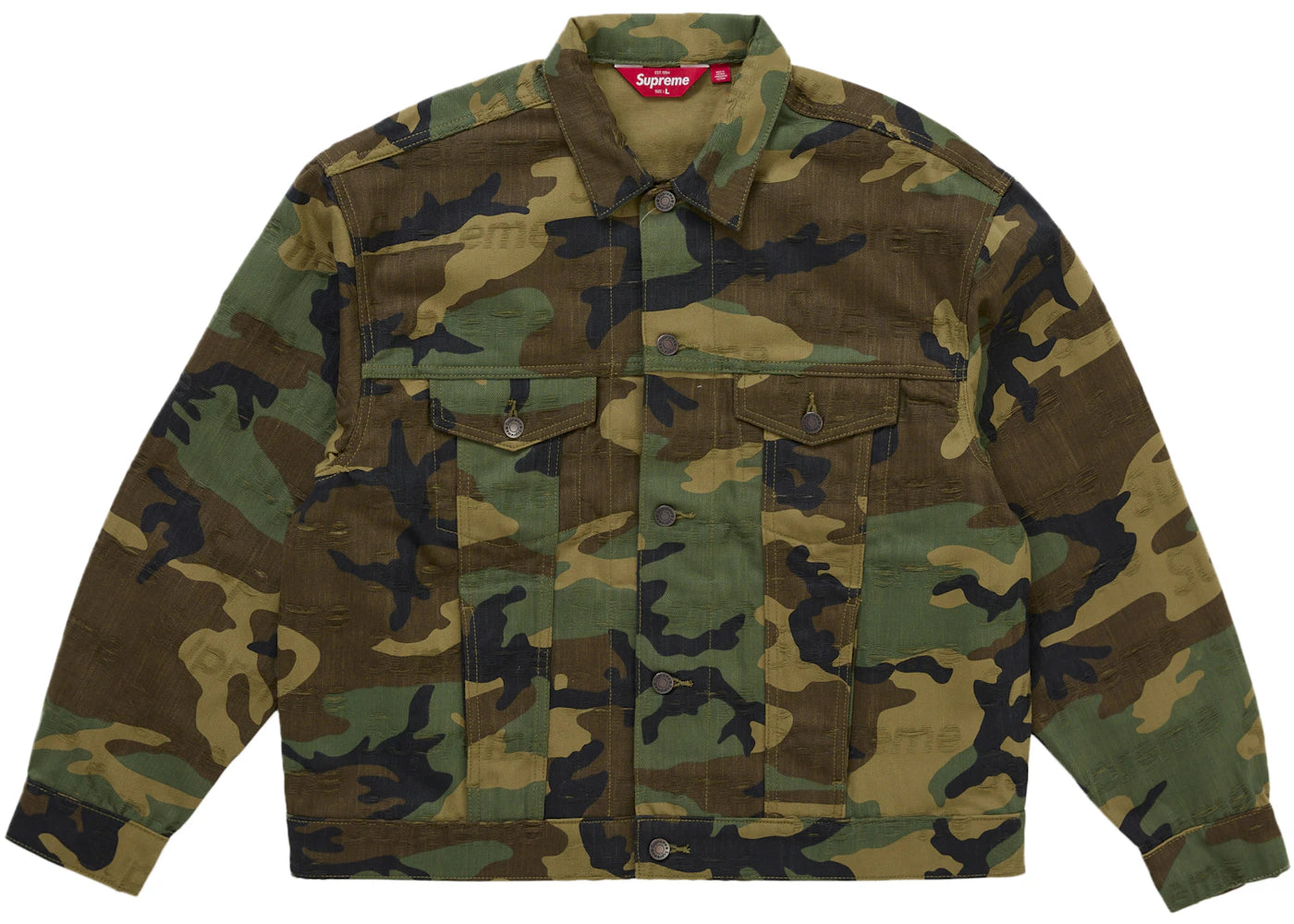 Supreme Jacquard Logos Denim Trucker Jacket Woodland Camo -1